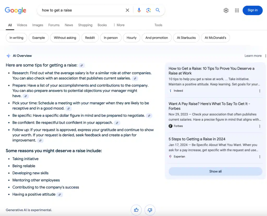 Google AI Overview pre dotaz „how to get a raise“