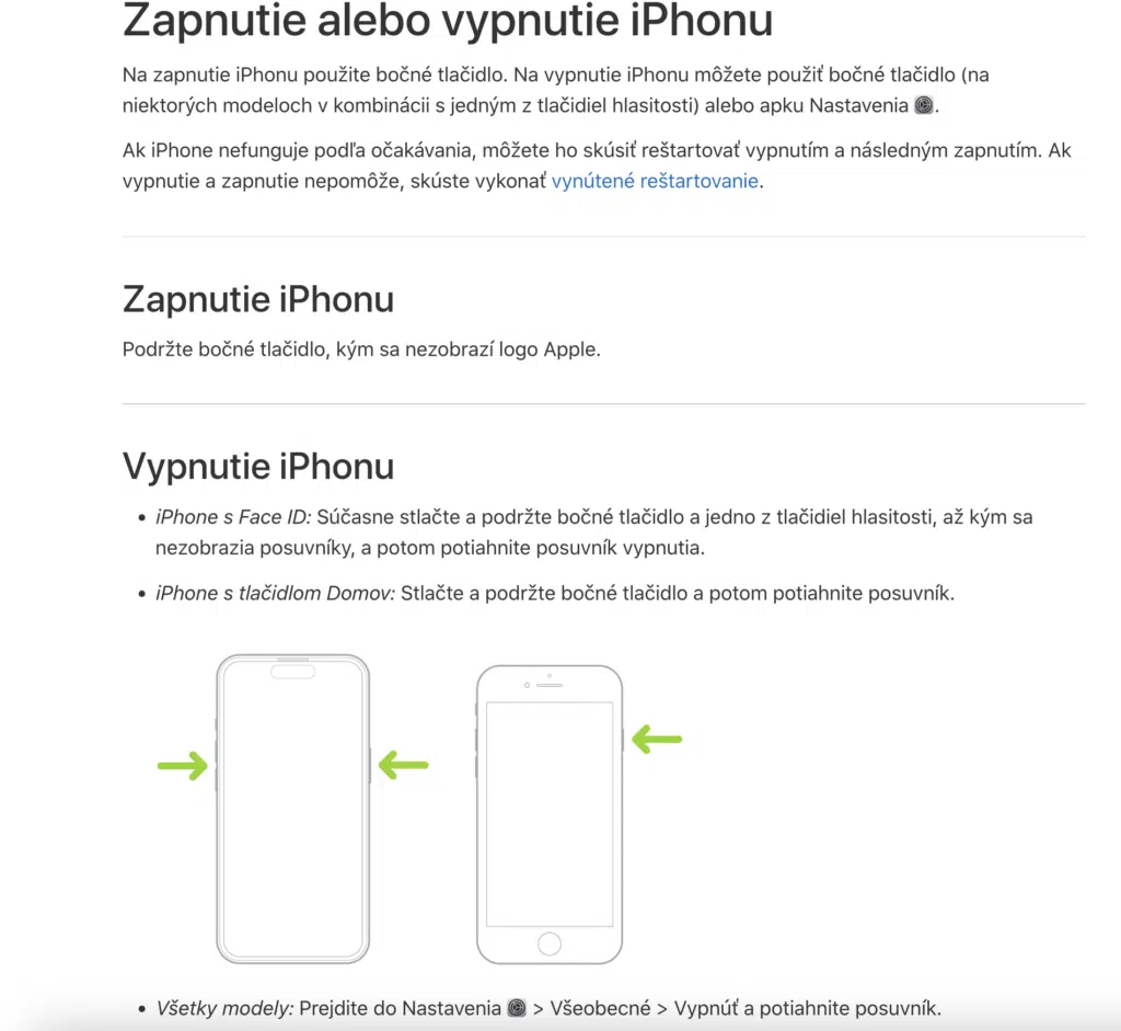 Apple návod „Zapnutie alebo vypnutie iPhonu“ - príklad stručného obsahu bez SEO vaty