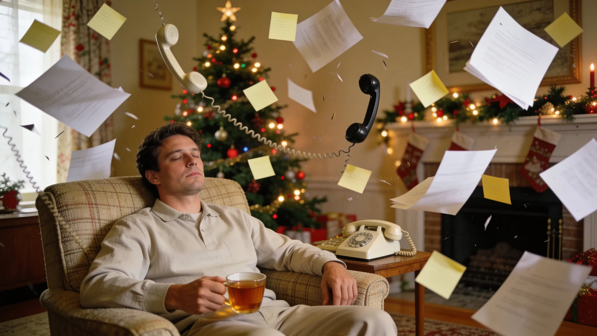 Surrealistická ilustrácia k článku o work-life balance počas sviatkov – muž pokojne oddychuje so šálkou čaju vo vianočnej izbe, kým okolo víria pracovné papiere a telefóny