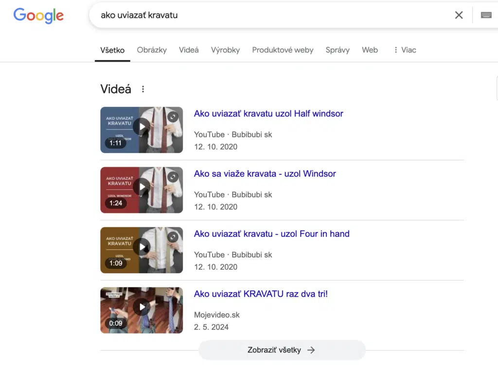 YouTube videá zobrazené priamo vo výsledkoch Googlu pre „ako uviazať kravatu“