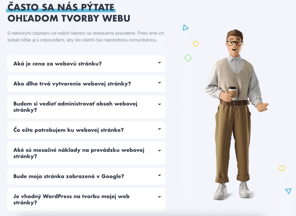 FAQ sekcia umiestnená nad pätičkou webovej stránky